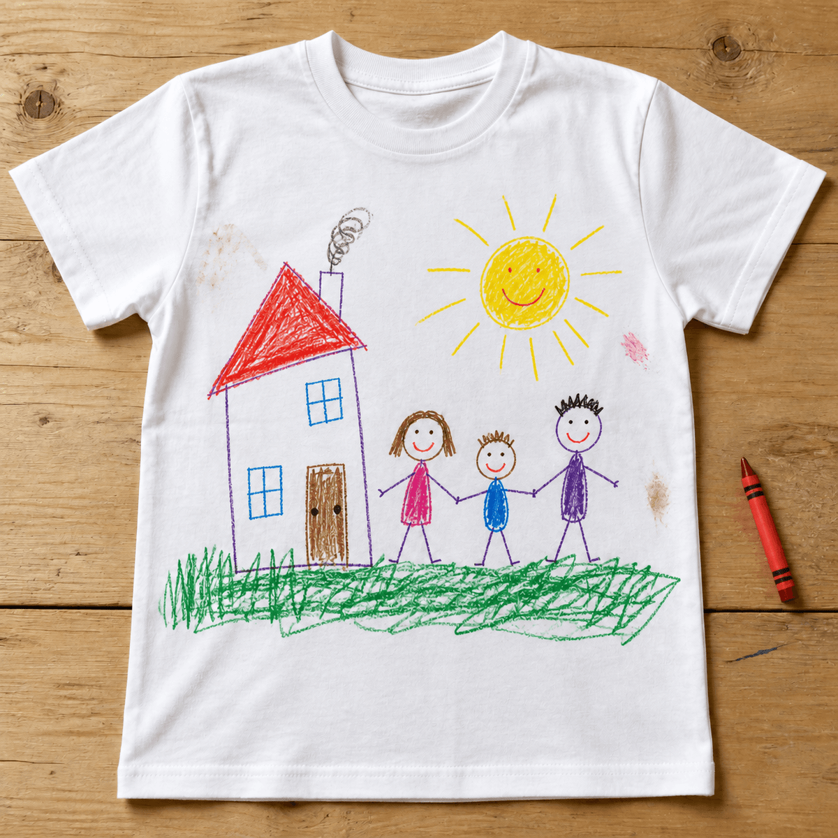 Le dessin de l'enfant imprimé sur le tee-shirt blanc, à plat